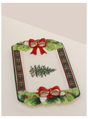 铛哩铛vntage陶瓷复古格子红色蝴蝶结圣诞长盘菜盘甜品盘家居礼物