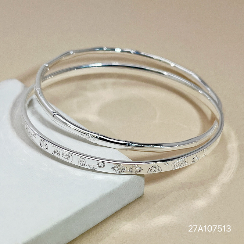 9999纯银手镯女款竹节吉言光面双环碎碎冰手环时尚百搭高级感手饰