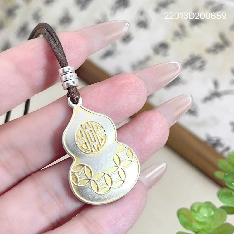 s999纯银项链男女描金葫芦吊坠锁骨链个性百搭时尚毛衣链精致颈链