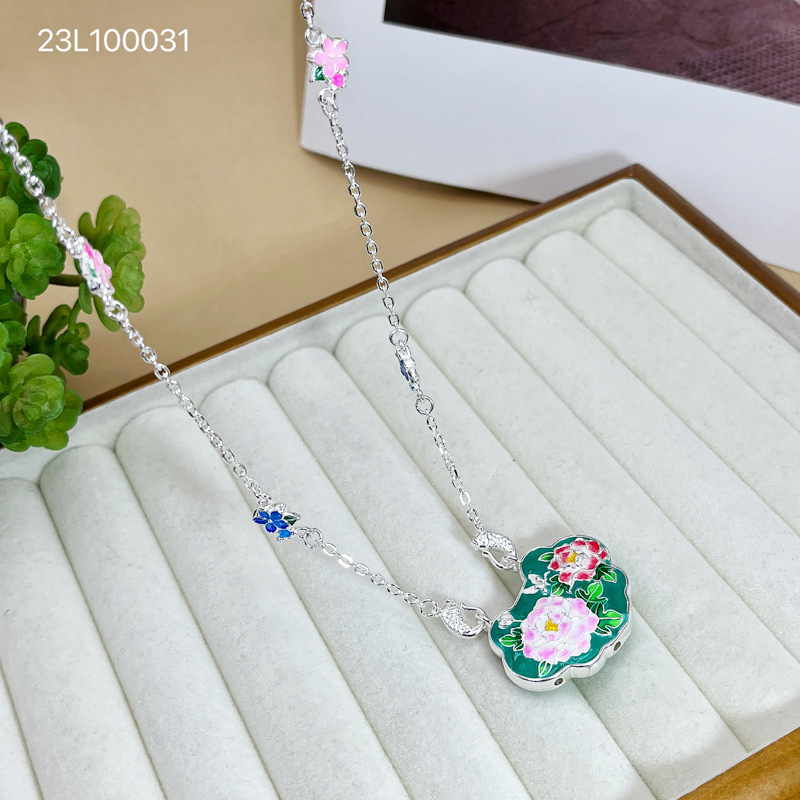 9999纯银项链女款珐琅彩平安锁锦鲤花朵吊坠锁骨链时尚百搭毛衣链