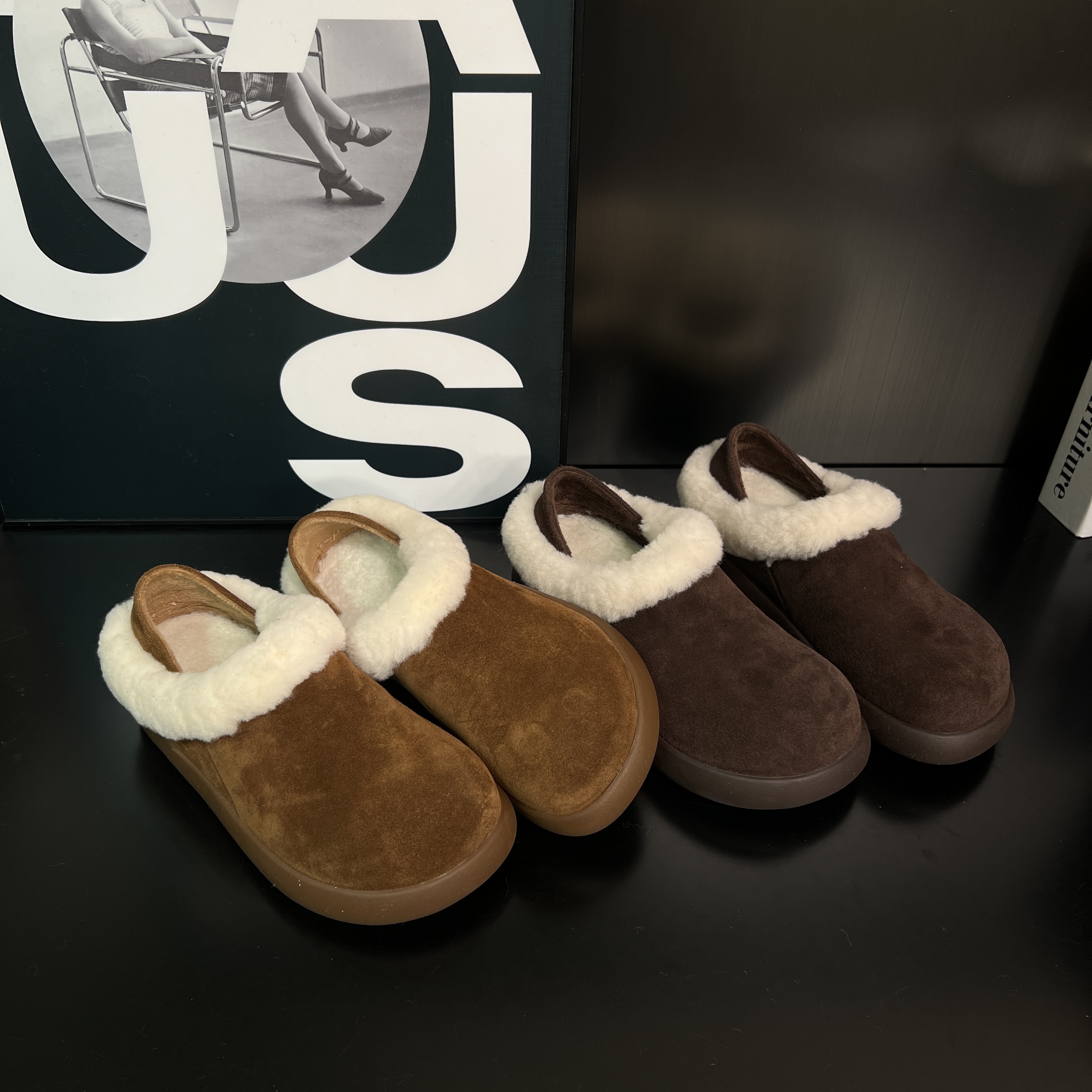 厚底加绒毛边两穿勃肯鞋雪地靴女新款冬季百搭软底一脚蹬棉鞋1880