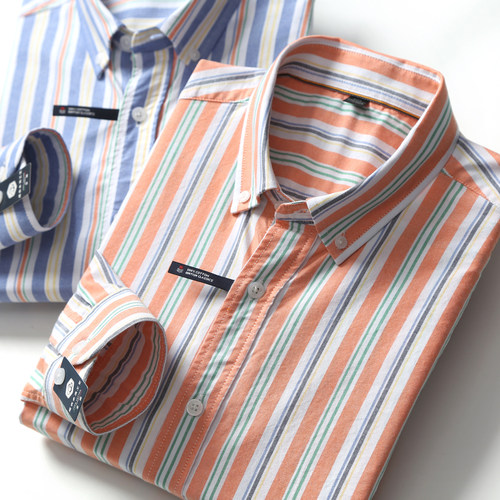 口碑牛货！出口外贸原单尾货男士春秋休闲纯棉彩色条纹长袖衬衫男