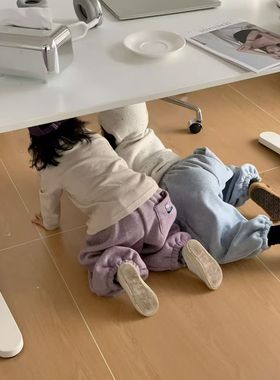 糯米绒儿童加绒运动卫裤可爱奶油紫色男女宝宝加厚冬款长裤束脚