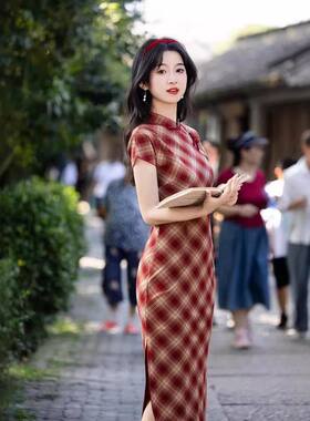 裙子格子民国旗袍国风改良版修身