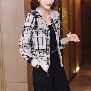 女士服雪纺衫短外套印花夏季新款棒球防晒衣2023长袖开衫气质宽松