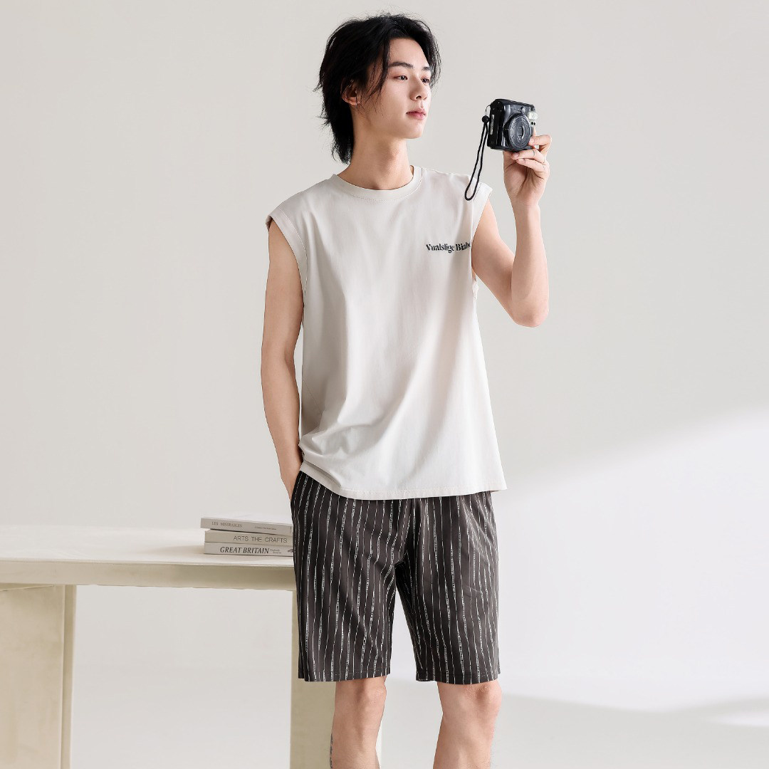 伊姿娇娜夏季新款男士圆领无袖坎袖短裤纯棉宽松休闲家居服睡衣套