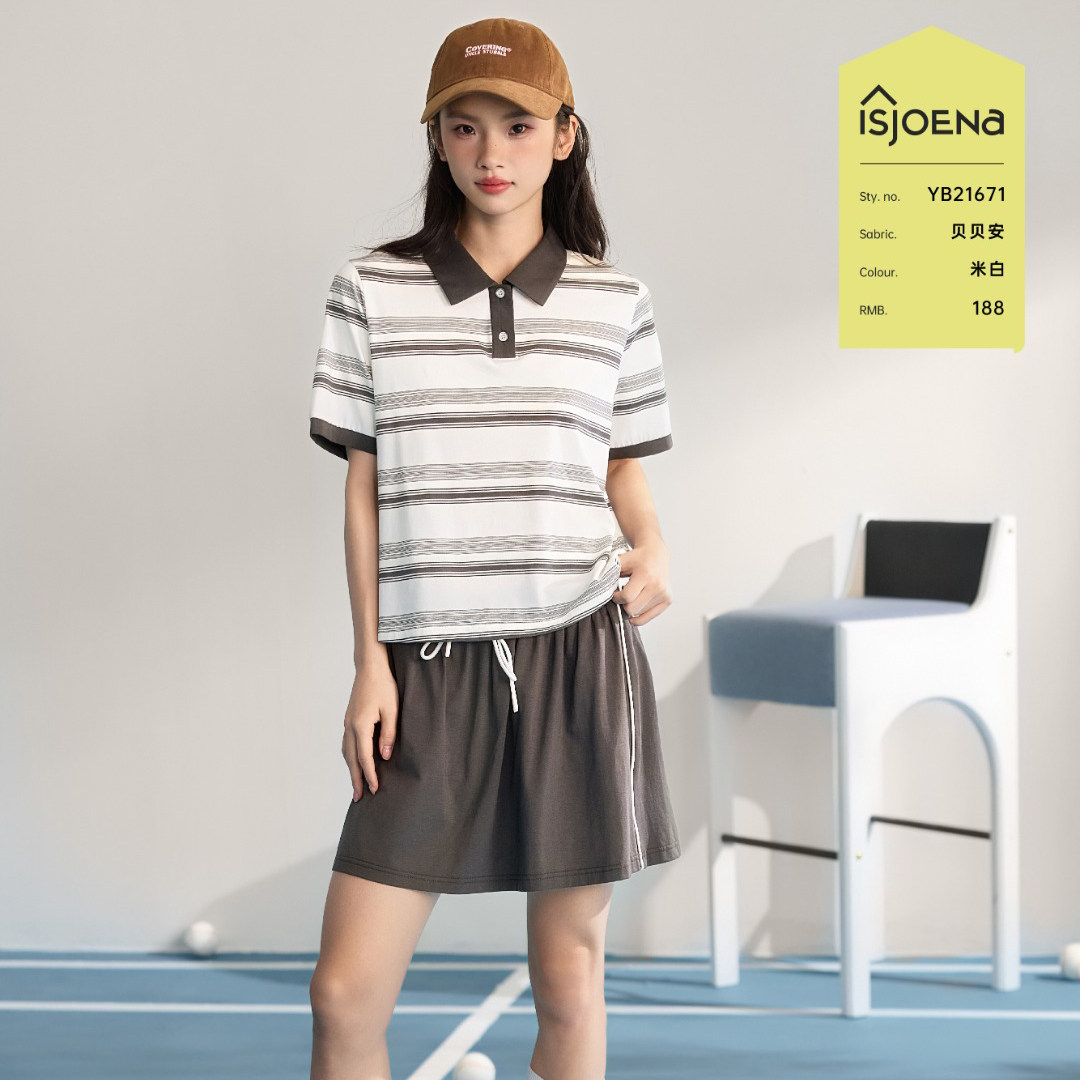 伊姿娇娜夏季新款女士翻领短袖短裙贝贝安莫棉休闲家居服睡衣套装
