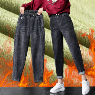 胖mm老爹裤 哈伦牛仔裤 大码 松紧腰宽松显瘦萝卜裤 厚 女加绒秋冬新款