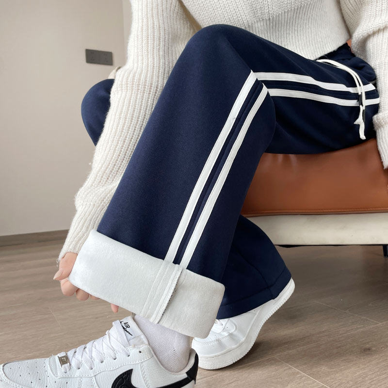 加绒加厚休闲阔腿裤女加长秋冬季新款高个子学生窄版直筒运动裤棉