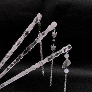 新中式水墨扇子醋酸发簪小众古风盘发发饰发钗高级感流苏步摇