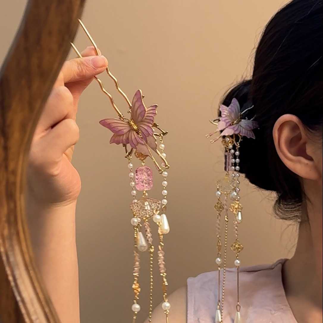 凤蝶漫舞古风珐琅流苏U型盘发