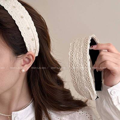 高级感米色花朵蕾丝珍珠宽边发箍女压发洗脸发卡时尚洋气头箍发饰