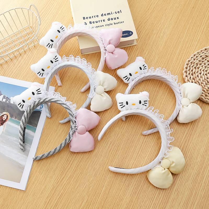 蕾丝毛绒KT猫发箍立体结格纹布艺
