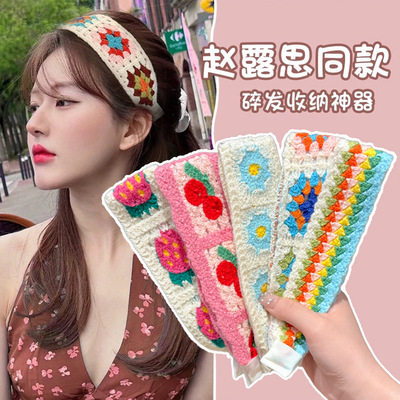 针织刺绣花朵魔术贴发带女刘海