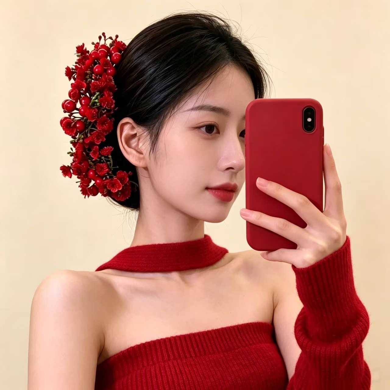 彤云落彩~新中式红色花朵发簪女