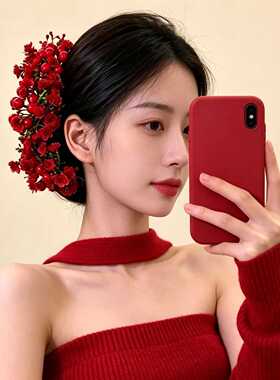 彤云落彩~新中式红色花朵发簪女