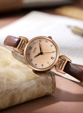 歌迪复古风圆形女表细带简约时尚气质学生表皮带石英防水女士手表