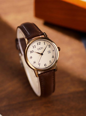 歌迪gedi简约2025年时尚新款韩版女表复古感圆形皮带表学生石英表