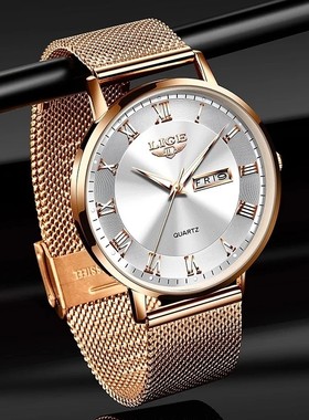LIGE利格超薄女士石英手表经典女性腕表双历防水手表米兰网带手表