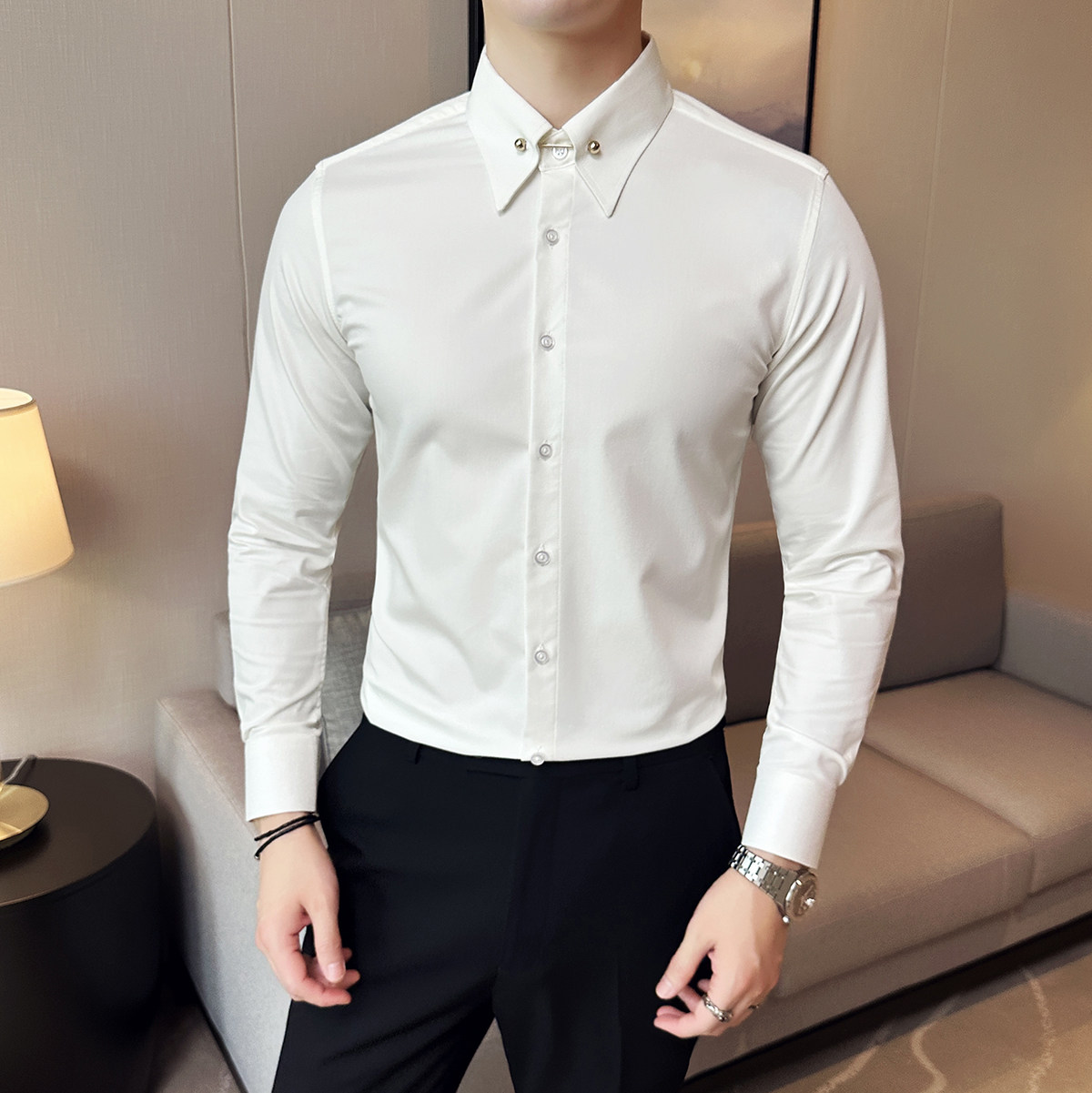 23新款男士大尖领暗扣衬衫纯色帝领修身长袖衬衣白-CS103-P75,男装衬衫,电商A407