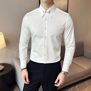 23新款男士大尖领暗扣衬衫纯色帝领修身长袖衬衣白-CS103-P75图片