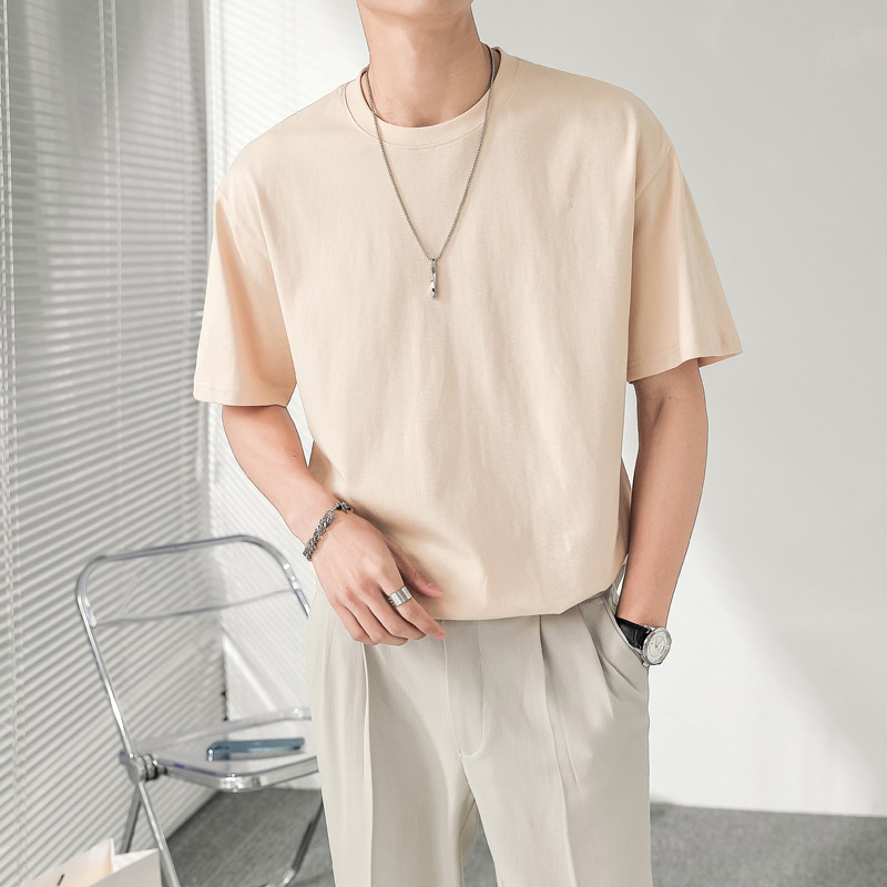 ins轻熟风高品质240克男士圆领微宽落肩T恤DT407-P25-杏色-控58，男装T恤，电商A407