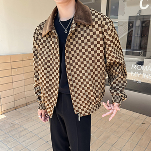 2025秋冬新款轻熟风男士棋盘格夹克外套咖A407-JK07-P145控178图片
