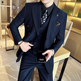 23新款男士英伦风双排扣尖领西装多色商务三件套装青SJT315-P295，男装西服套装，电商A407
