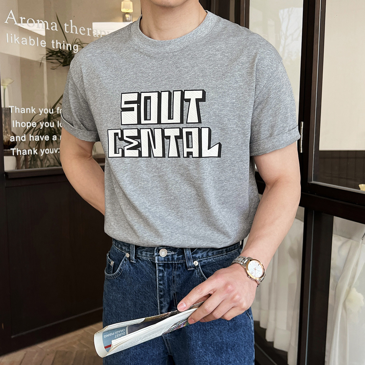 男士夏季英伦风短袖字母圆领T恤轻熟五分袖T恤衫A407-DT87-P60灰,男装T恤,电商A407