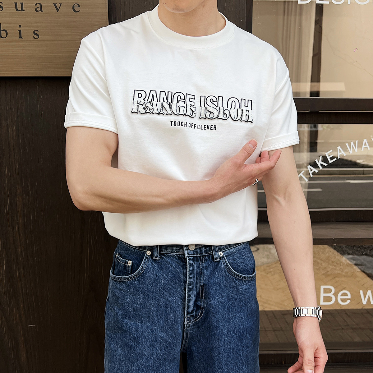 男士夏季英伦风短袖字母圆领T恤轻熟五分袖T恤衫A407-DT82-P60白图片