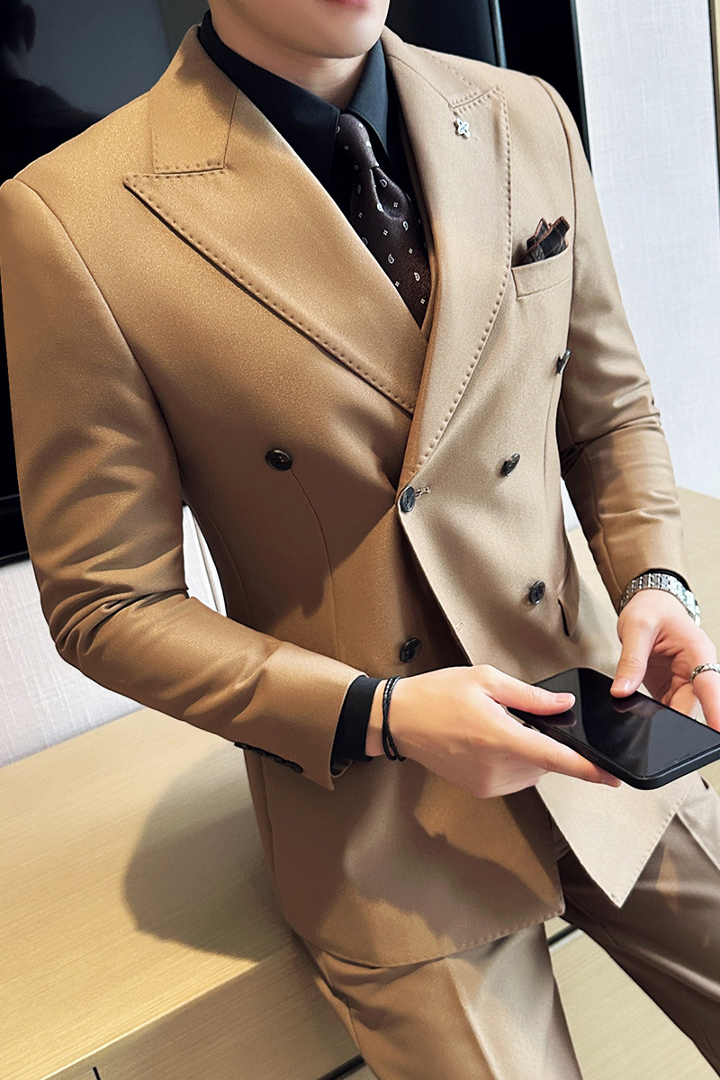 23新款男士英伦风双排扣尖领西装多色商务三件套装咖SJT315-P295,男装西服套装,电商A407