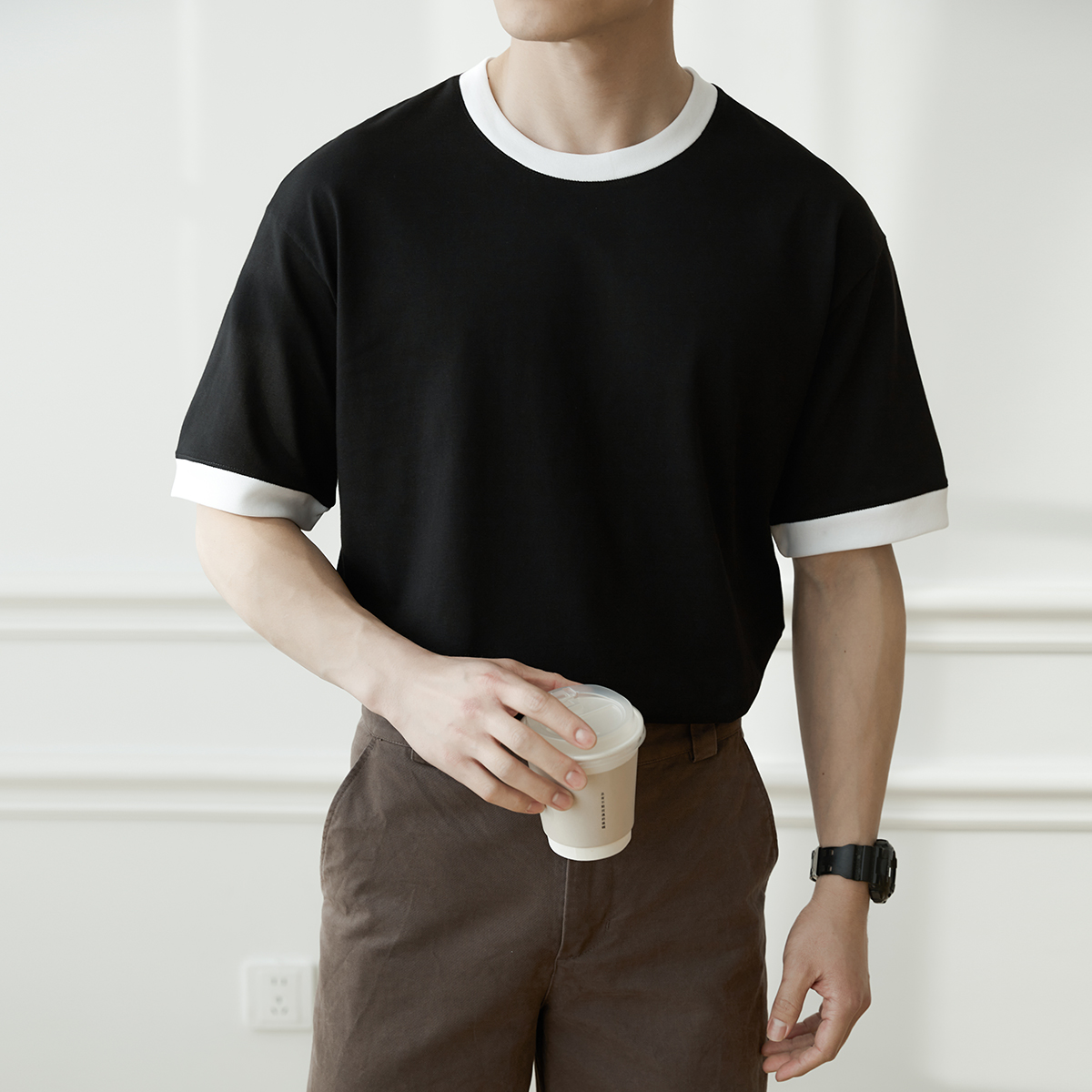 男士休闲百搭纯色短袖T恤男圆领半袖撞色打底衫潮T恤衫男DT97/P40，男装T恤，电商A407