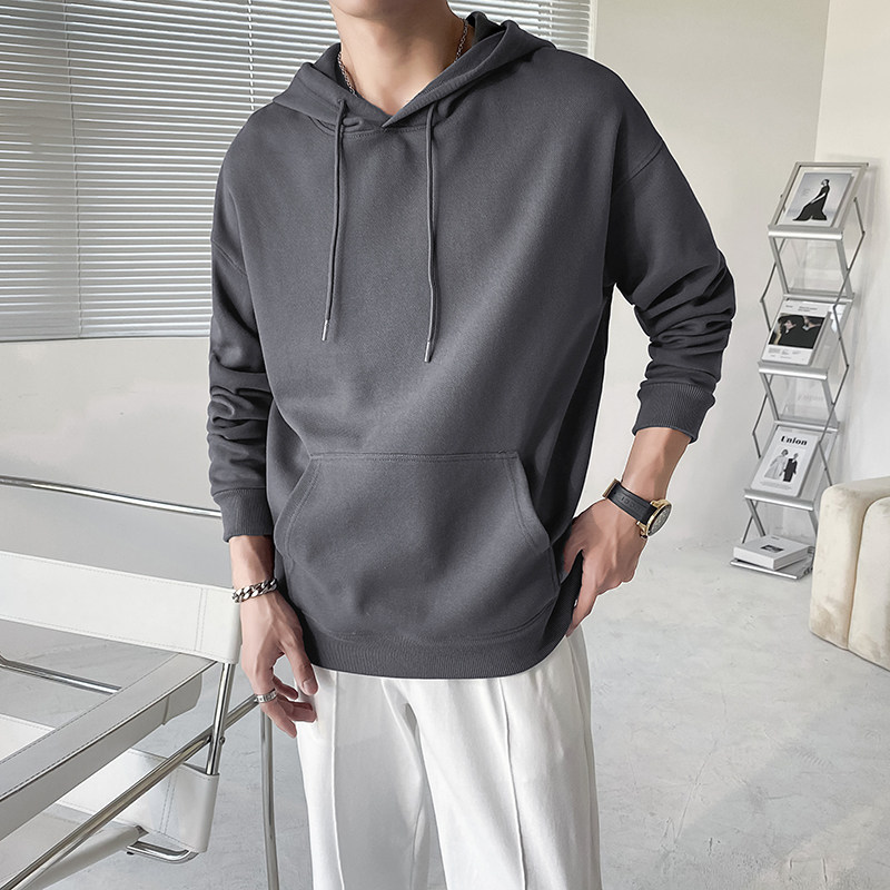 ins轻熟风男士纯色360克重磅连帽长袖T恤打底衫灰WY02-P55控78,男装T恤,电商A407
