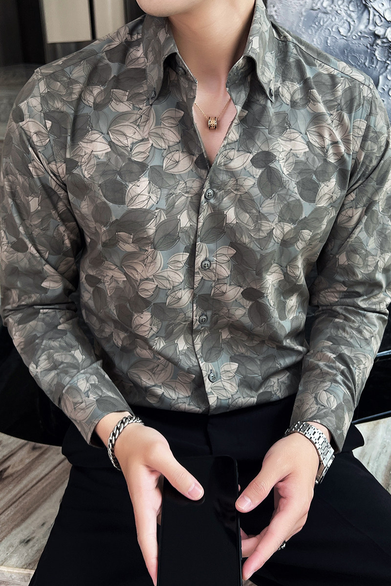 2025男士新款商务休闲大尖领长袖碎花衬衫绿A407-CS93-P68,男装衬衫,电商A407