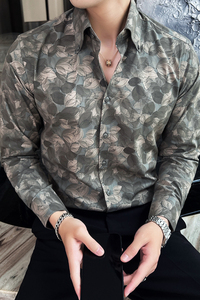 2025男士新款商务休闲大尖领长袖碎花衬衫绿A407-CS93-P68图片