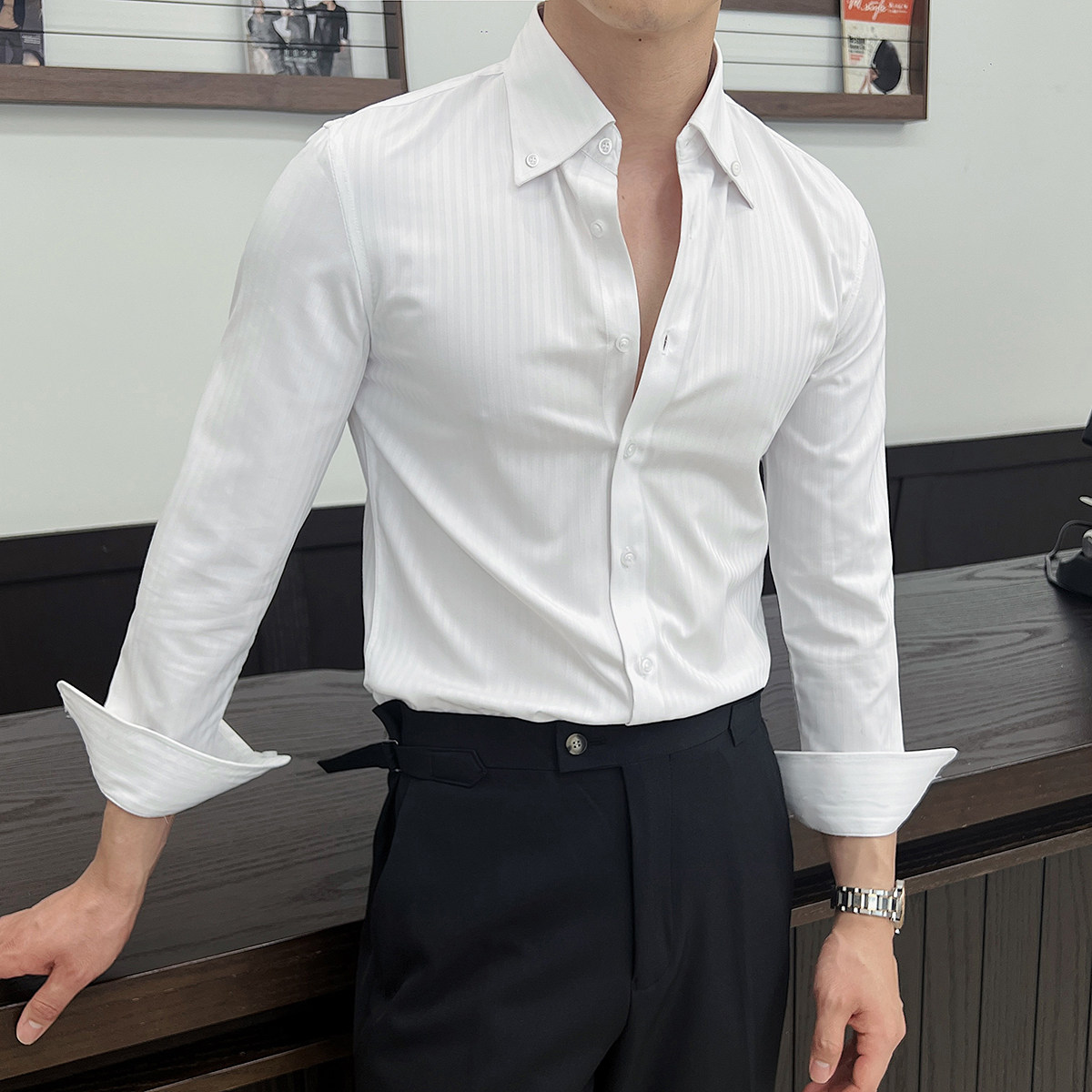男士新款长袖暗条纹修身衬衫男式翻领衬衣痞帅上衣CS122-P75兰,男装衬衫,电商A407