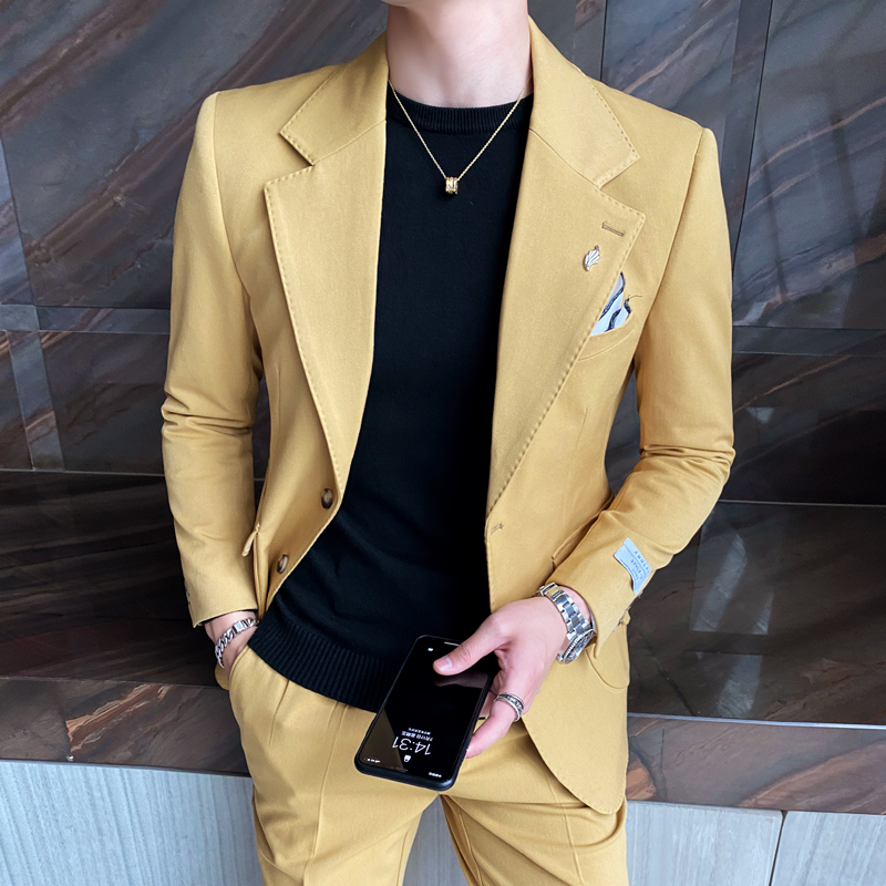 2025秋冬新款男士单排纯色休闲西装新伴郎西可配套装XZ273-P160黄，男装西服套装，电商A407