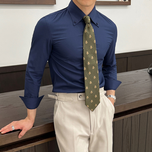 男士新款长袖暗条纹修身衬衫男式翻领衬衣痞帅上衣CS121-P75藏图片