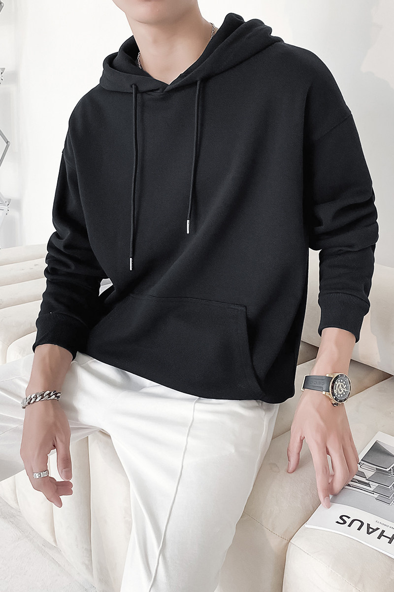 ins轻熟风男士纯色360克重磅连帽长袖T恤打底衫黑WY02-P55控78,男装T恤,电商A407