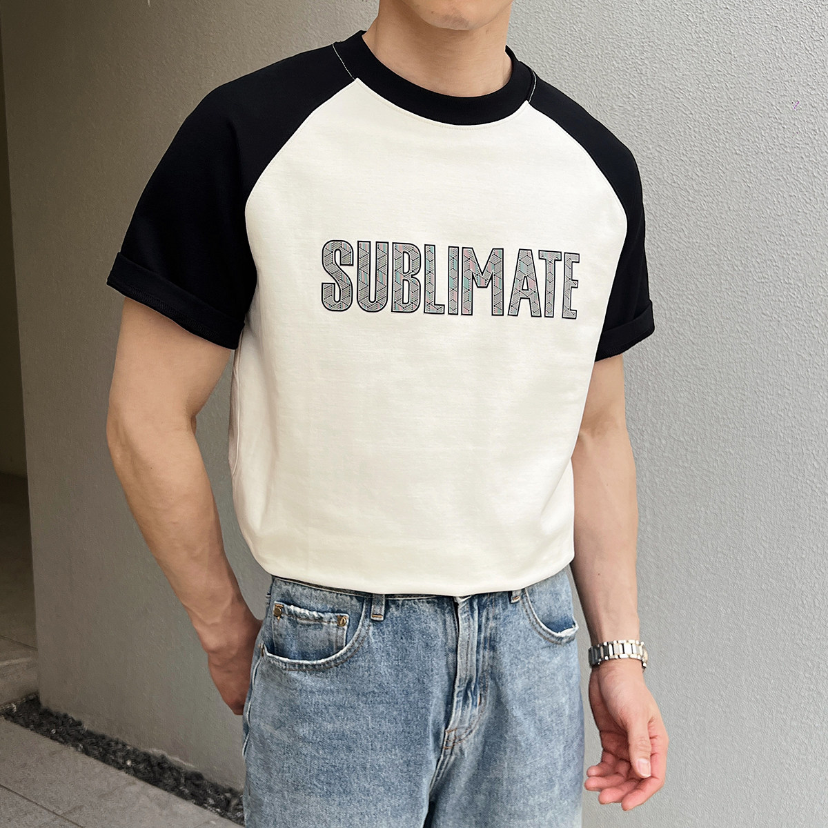 男士夏季英伦风短袖字母圆领T恤轻熟五分袖T恤衫A407-DT85-P60黑图片