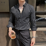 男士新款长袖条纹修身衬衫男式条纹翻领衬衣痞帅上衣CS120-P75白，男装衬衫，电商A407