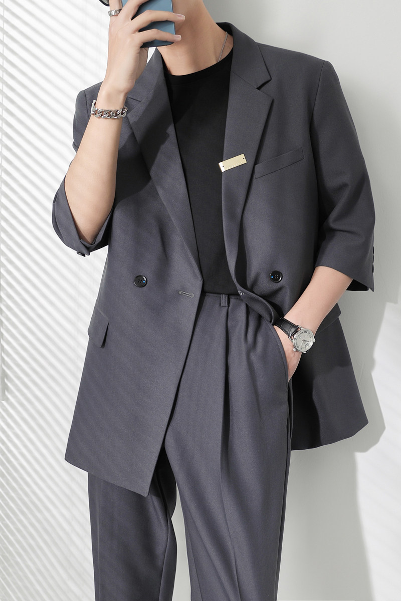 ins轻熟风纯色宽松落肩中袖西服外套男垂感西装灰XZ286/P145控198,男装西服套装,电商A407