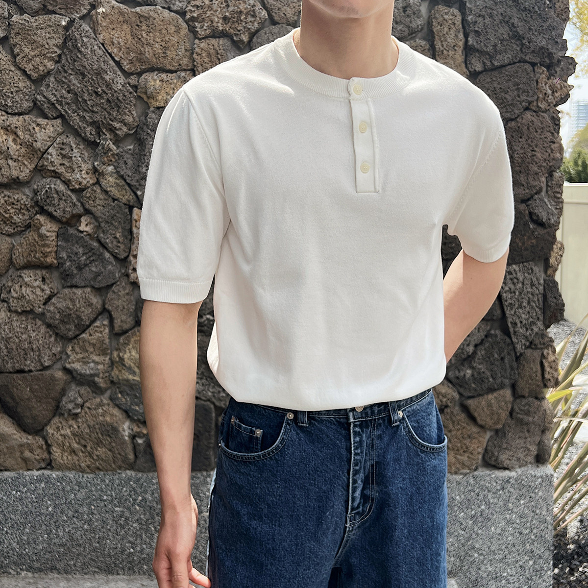 夏季弹力短袖男针织衫套头圆领T恤休闲亨利领薄款A407-DT84-P65白,男装T恤,电商A407