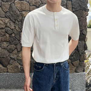 夏季弹力短袖男针织衫套头圆领T恤休闲亨利领薄款A407-DT84-P65白图片