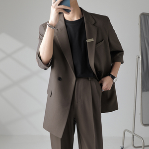ins轻熟风纯色宽松落肩中袖西服外套男垂感西装咖XZ286/P145控198图片