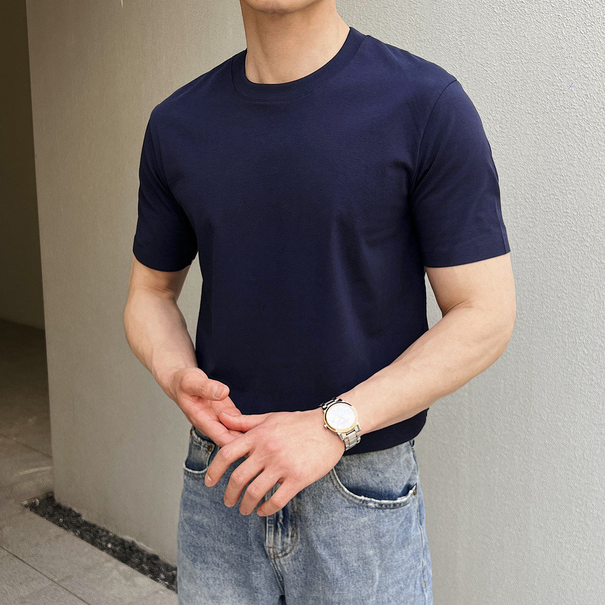男士夏英伦液氨棉冰爽免烫纯色短袖T恤打底衫圆领A407-DT88-P30灰,男装T恤,电商A407