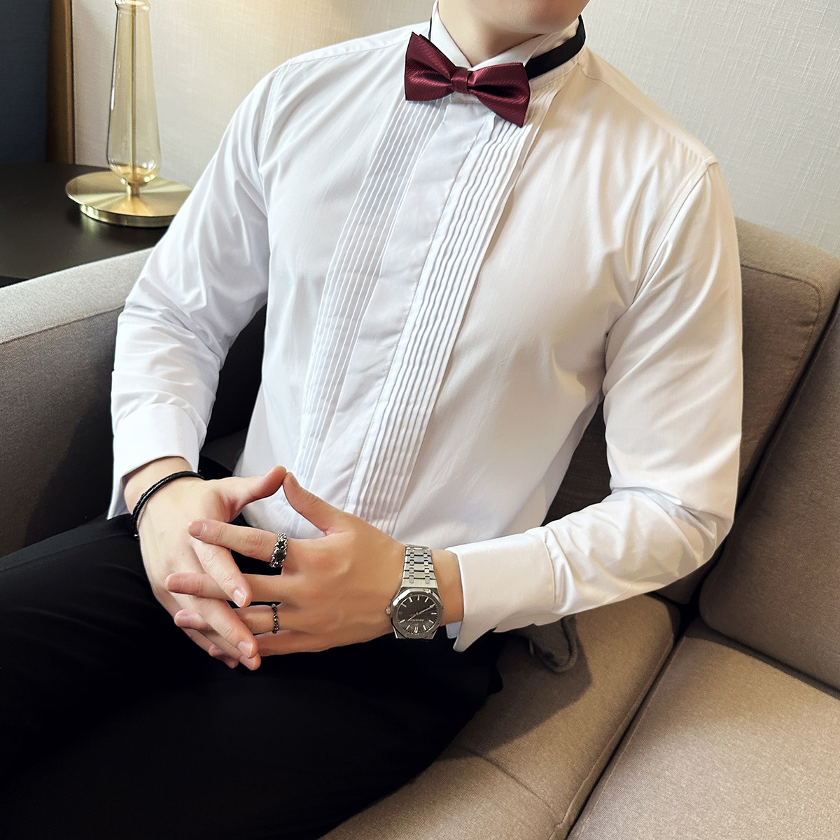 23新款婚礼法式袖翼型领衬衫纯色白色礼服长袖衬衣黑-CS104-P60,男装衬衫,电商A407