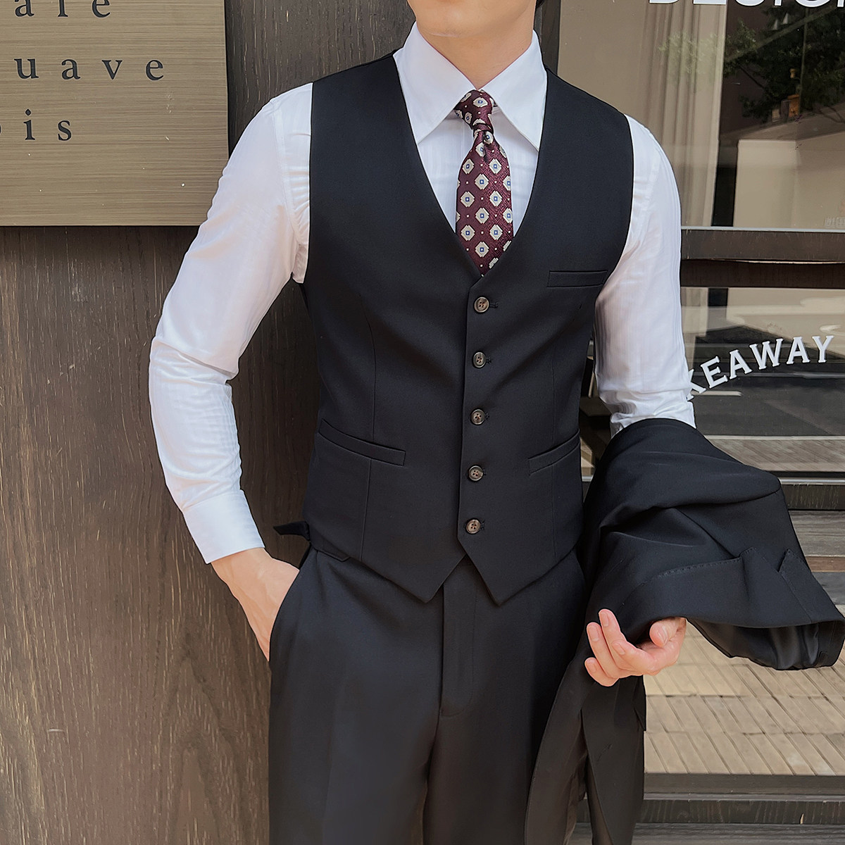 新款男士单排扣休闲V领修身马甲新郎伴郎服商务工作服男MJ360-P60图片