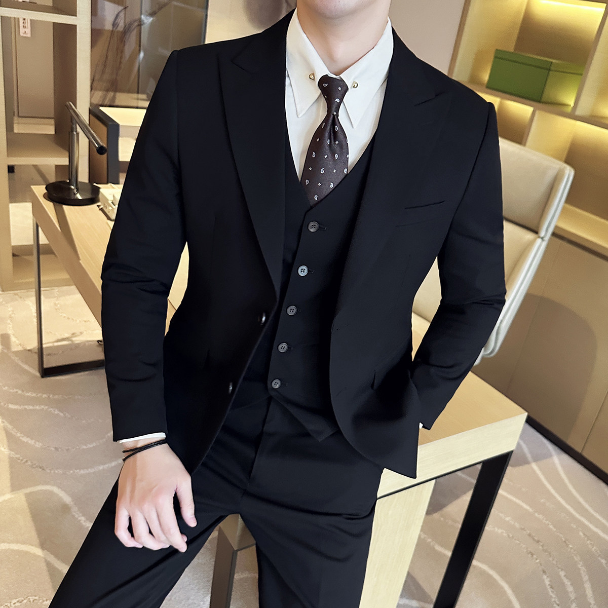 男士结婚礼服单排扣枪驳领西服修身新郎伴郎服A407/XZ337黑/P125,男装西服,电商A407
