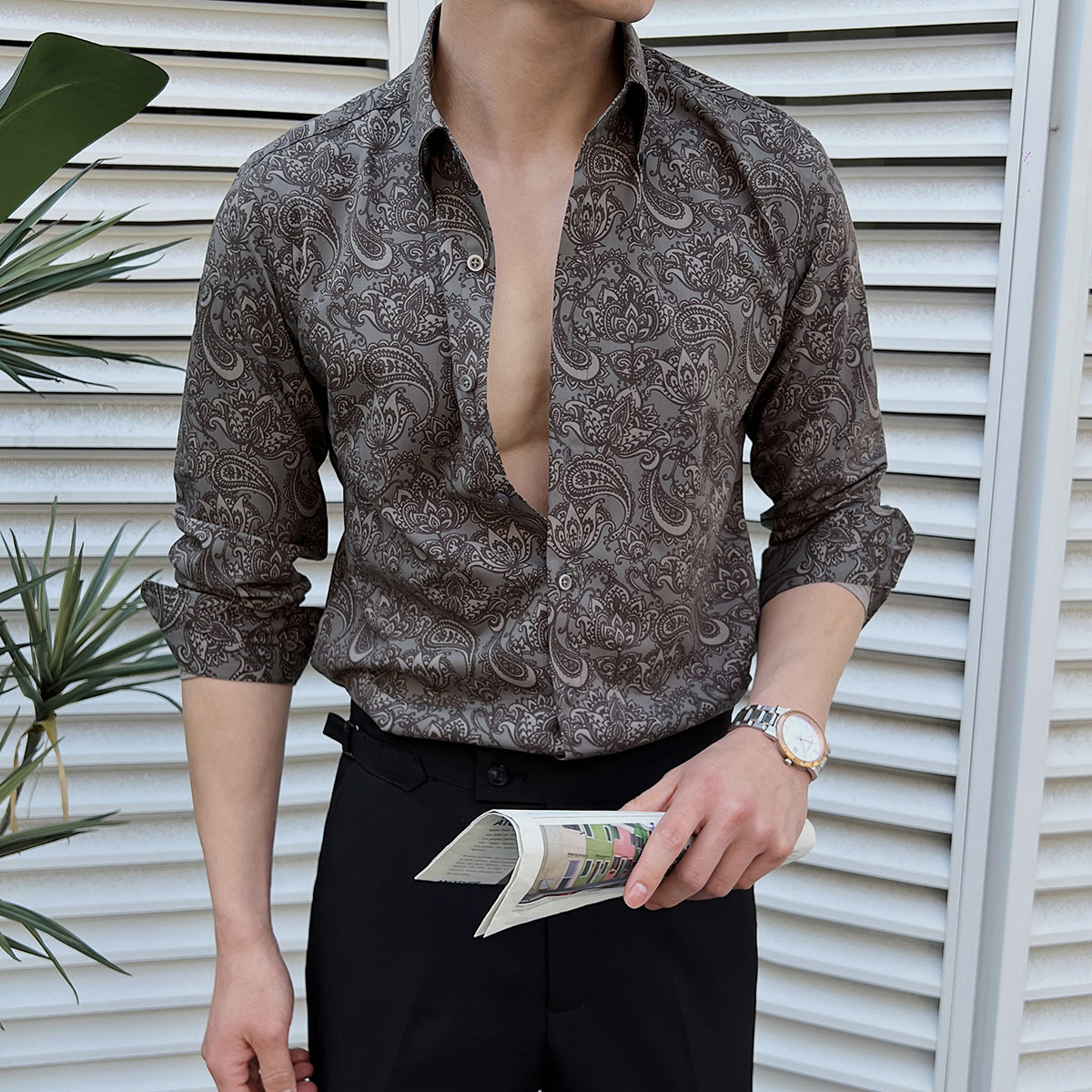 男士长袖印花衬衣痞帅高级修身英伦风春秋衬衫A407-CS108-P70黑,男装衬衫,电商A407